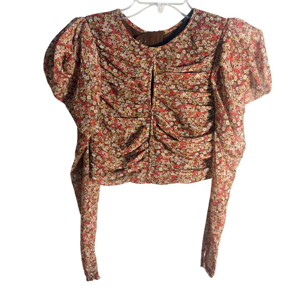 Bardot Ruched Ditsy Floral Blouse S Brown‎ Excellent Puff Sleeve Keyhole Crop